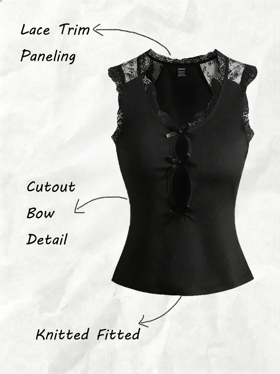 Olithes Top elegant și romantic, tricotat, fără mâneci, din dantelă patchwork, cu decolteu scobit, croială strâmtă și talie - Design strângător: Interpretând luxul ușor și stilul fermecător - Negru - Vizualizare 1