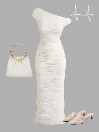 Girlism Apricot Jacquard Knit Snug Fit Elegant Asymmetric-Shoulder Casual Dress For Teen Girls Elegant White Dress One Shoulder White Dress White Dress For Church White Bodycon Dress White Dress Maxi Dress Pleated Dress One Shoulder Dress White Dress Elegant Elegant One Shoulder Dress Cream Dress