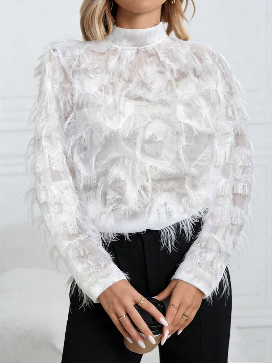 EMERY ROSE 大码女式立领长袖时尚睫毛雪纺半透明衬衫 - 白色 - 查看 1