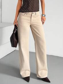 EURMUSE Quần jeans nữ ống đứng cạp thấp tối giản màu trơn, kiểu dáng thường ngày. - Màu be - Xem 4