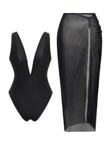 Swim Oasis 2026 Nouveau Maillot de bain une pièce/deux pièces d'été pour femmes, élégant, Top de gamme, avec décoration en métal noir unicolore, dos nu sexy à encolure en V profond, taille cintrée, sans manches, fendu, pour vacances à la plage - Noir - Voir 2