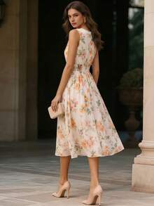 Balvessa Đầm chữ A không tay, cổ chữ V chéo, in họa tiết hoa, dài ngang gối, lãng mạn và thanh lịch dành cho nữ. - Màu be - Xem 2