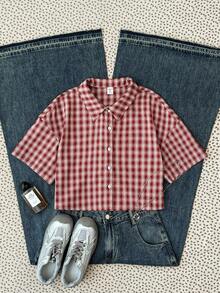 SHEIN 少女格子领单排扣休闲百搭日常通勤返校短袖衬衫 - 紅色 - 查看 7