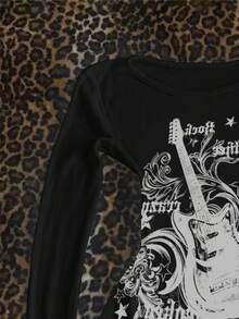 Glimmora 女士吉他字母印花修身圆领长袖T恤