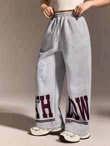 Tween Girls Printed Wide Leg Jogger Pants, Cool Girl, Streetwear, Everyday, All Season, Spring/Summer, Collegiate Style, 1997 Christmas Edition - Light Grey - View 4