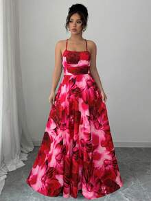 Elenzga Damen Kleid mit Tintendruck und Kreuzgurten - Rot - Übersicht 5