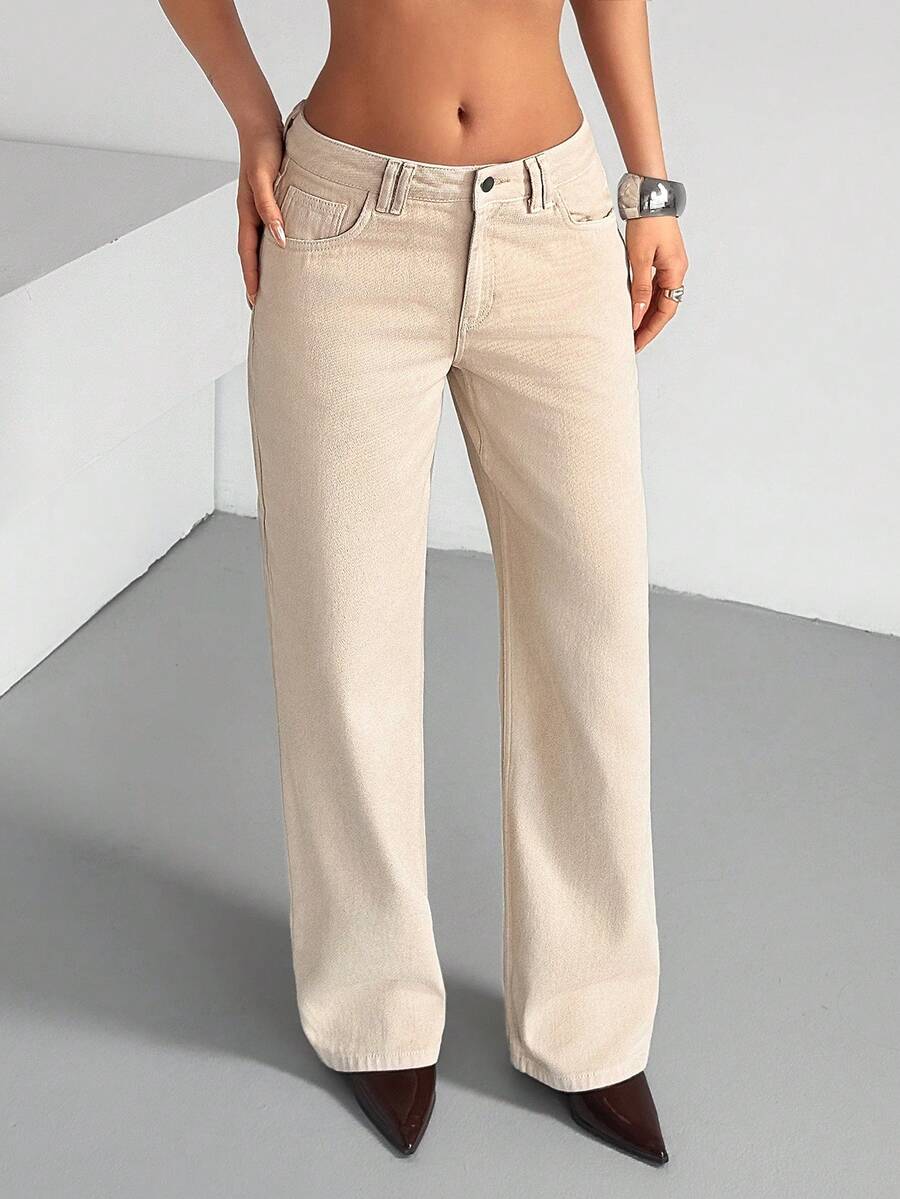 EURMUSE Quần jeans nữ ống đứng cạp thấp tối giản màu trơn, kiểu dáng thường ngày. - Màu be - Xem 1