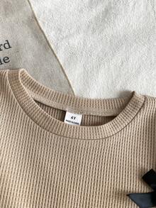 Elladie kids 2件組少女套裝，圓領短袖上衣配黑色蝴蝶結裝飾，搭配喇叭褲，甜美優雅復古風上衣與長褲套裝，女孩兩件式穿搭套裝 - 杏色 - 查看 6