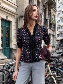 Pariaura Elegant Pink And Black French Style V-Neck Ruffle Trim Short Sleeve Printed Blouse,Summer Floral Button Up Blouses For Women,Tea Party New Arrival - Black - View 1