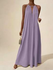 Vesra Women's Sleeveless Halter Neck Dress For Summer Maxi Vacation Beach Outfit - Purple - View 3