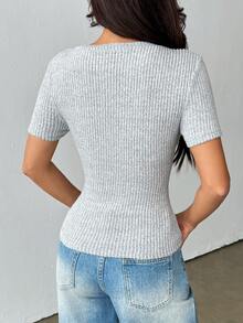 Almamuse Women's Elegant V-Neck Contrast Lace Short Sleeve T-Shirt,Stylish Grey Rib-Knit Short Sleeve V Neck T-Shirt For Women Casual Plain Knitted Top - Grey - View 2