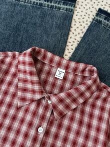 SHEIN 少女格子领单排扣休闲百搭日常通勤返校短袖衬衫 - 紅色 - 查看 4