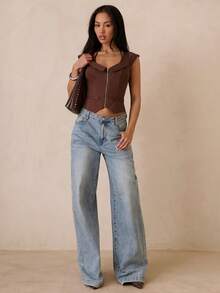 SHEIN Glamour Mångsidig sommar-T-shirt med fuskfickor och dragkedja för kvinnor - Brun - Visa 3