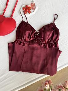 Comfortcana Plus Size Casual Ruffled A-Line Strap Dress, Red, Valentine's Day - Burgundy - View 4