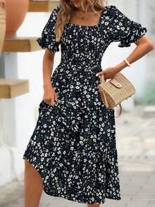 EMERY ROSE 女士碎花泡泡袖中长连衣裙 - 藏蓝色 - 查看 6