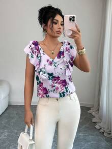 Rafferiza Shirts Spring/Summer New Arrival: Women's Purple Base With Purple And Pink Floral Print Top, Featuring A V-Neck, Multi-Layered Ruffle Sleeves, And A Sleeveless Design. - Purple - View 5