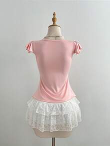 Elamini Pink Sweetheart Neck Ruffle Trim Casual Fashion T-Shirt - Pink - View 2