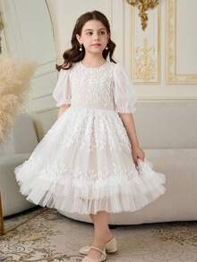 Đầm ngắn tay thanh lịch cổ tròn cho bé gái, phối lưới, kiểu dáng trang nhã. - Nhiều màu - Xem 5