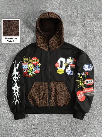 Men's Leopard Print Contrast Color Hoodie, Retro Street Style