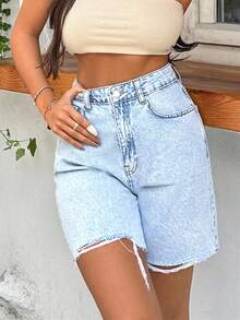 SHEIN Tall Women's Casual Everyday Denim Shorts With Pockets And Button Closure Jean Shorts Distressed Denim Shorts Light Wash Denim Shorts Baggy Jean Shorts High Waist Denim Shorts Baggy Denim Shorts Long Denim Shorts Light Blue Jean Shorts Y2k Jean Shorts Light Wash Shorts - Medium Wash - View 5