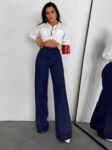 EURMUSE Women's Jeans SHEIN PETITE HIGH WAIST WIDE LEG DENIM JEANS Cowgirl Outfit 2000s Style - Dark Wash - View 6