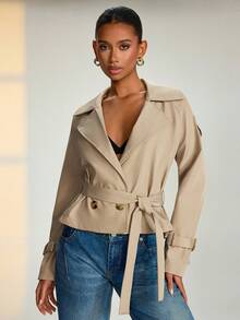 RueChic Women Solid Color Belted And Button Detailed Trench Coats - Beige - View 2