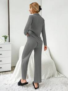 EURMUSE 2pcs Set Open Front Contrast Stitching Slogan Print Ribbed Pajamas - Grey - View 2