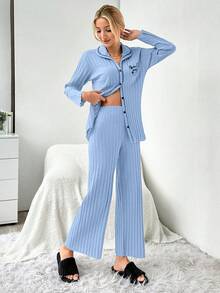 EURMUSE Set de 2 piezas de pijama con costuras de contraste, estampado de eslogan y tejido acanalado con abertura delantera - Azul - Ver 4