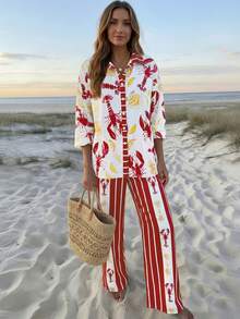 EMERY ROSE 印花翻领长袖宽松上衣搭配同款松紧腰阔腿裤两件套女装 - 彩色 - 查看 3