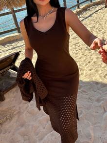 EURMUSE Tall Sunset Layers – 2 Pieces Beach Cover-Up Set, Includes Hollow Knit Cover Up And Fitted Dress, Creating Spring/Summer Vacation Layered Look - Brown - View 6