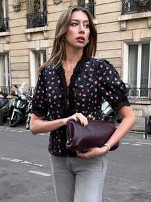 Pariaura Elegant Pink And Black French Style V-Neck Ruffle Trim Short Sleeve Printed Blouse,Summer Floral Button Up Blouses For Women,Tea Party New Arrival - Black - View 5