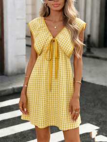 Pariaura Fresh Sweet Yellow & White Gingham Dress - Ruffled Bow V-Neck Playful Spring Summer Mini Dress Retro Playful Yellow Gingham Dress - Ruffled Tie V-Neck Stylish Spring Summer Mini Dress Elegant Fresh Yellow & White Gingham Dress - Ruffled Bow V-Neck Waist-Fitted Spring Summer Mini Dress - Yellow - View 5