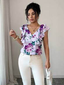 Rafferiza Shirts Spring/Summer New Arrival: Women's Purple Base With Purple And Pink Floral Print Top, Featuring A V-Neck, Multi-Layered Ruffle Sleeves, And A Sleeveless Design. - Purple - View 7