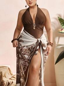 Swim Oasis Plus Size Women's 2-Piece Deep V Vintage Brown Halter Swimsuit With Palm Leaf Cover Up, Slimming Vacation Set - Coffee Brown - View 6