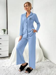 EURMUSE Set de 2 piezas de pijama con costuras de contraste, estampado de eslogan y tejido acanalado con abertura delantera - Azul - Ver 3