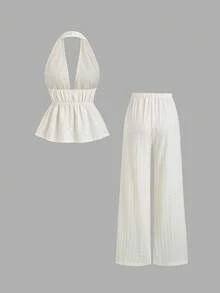 Sweetra 新款格子露背吊带休闲阔腿裤女装杏色两件套，适合春夏度假和日常休闲穿着 - 杏色 - 查看 2