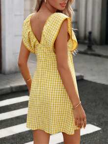 Pariaura Fresh Sweet Yellow & White Gingham Dress - Ruffled Bow V-Neck Playful Spring Summer Mini Dress Retro Playful Yellow Gingham Dress - Ruffled Tie V-Neck Stylish Spring Summer Mini Dress Elegant Fresh Yellow & White Gingham Dress - Ruffled Bow V-Neck Waist-Fitted Spring Summer Mini Dress - Yellow - View 2