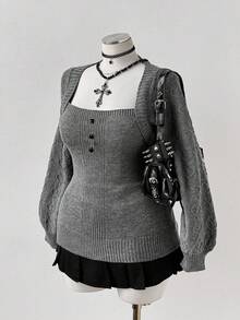 Sunspun 大码女式休闲U领心形纽扣装饰长袖修身套头毛衣 - 深灰色 - 查看 7