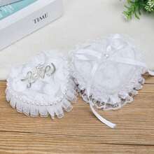 1 pieza Caja portátil con forma de corazón para propuesta, con adorno de encaje y flores, almohada para anillo de boda para niña de las flores, Navidad - Blanco-5941 - Ver 2