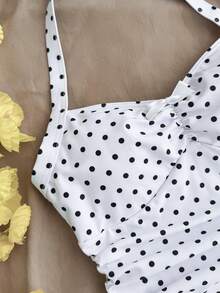 SHEIN 少女波点露背褶皱蝴蝶结装饰时尚度假沙滩连体泳衣 - 白色 - 查看 4