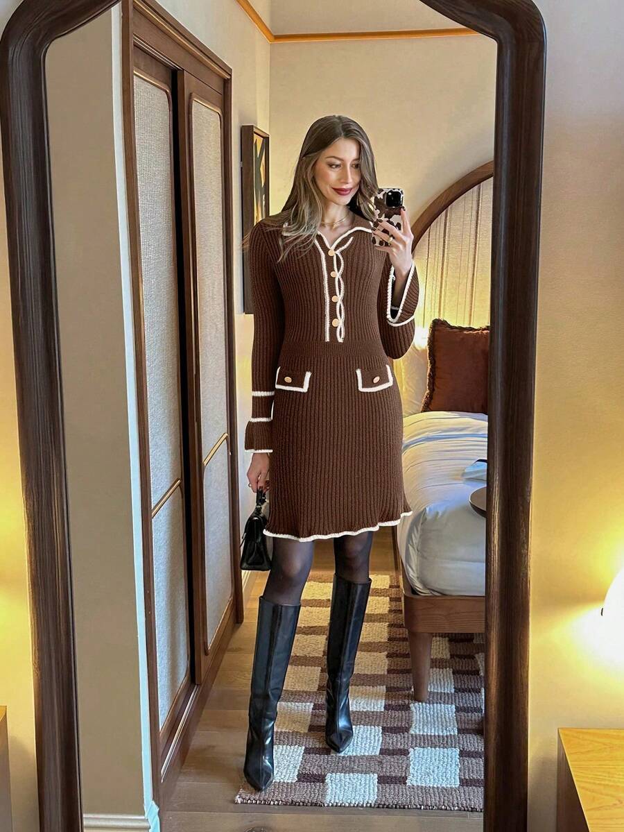 Pariaura Women's Elegant Ribbed Trim Half-Button Ruffle Sleeve Fitted Sweater Dress, Autumn/Winter - Coffee Brown - View 1