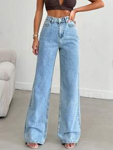 SHEIN Quần jeans nữ dáng suông, chất liệu 100% cotton, màu xanh denim bạc màu, có túi. - Rửa trung bình - Xem 6