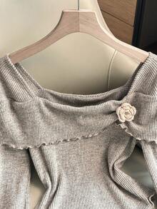 GlowEve Women's Square Neck Handmade 3D Floral Ruffle Hem Long Sleeve Asymmetrical Hem Elegant Casual Commute Blouse, Autumn/Winter/Spring