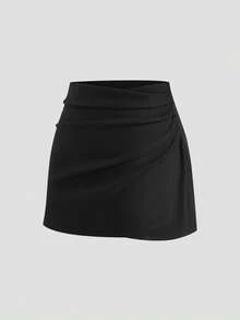 SHEIN CURVE+ Plus Size Women's Black Suede Faux Fur Short Pleated Skirt, Elegant & Slimming, Autumn/Winter - Black - View 9