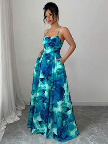 Elenzga 女士印花交叉系带长裙 - 藍色 - 查看 3