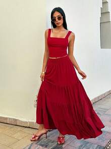 EURMUSE Sleeveless Crop Top & Tiered Maxi Skirt Two Pieces Set – Ruffle Design, Women's Summer Outfit - Burgundy - View 3
