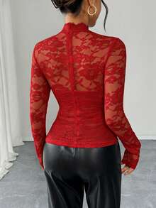 Rafferiza Women's Elegant Solid Color Lace Collar Long Sleeve T-Shirt - Red - View 2