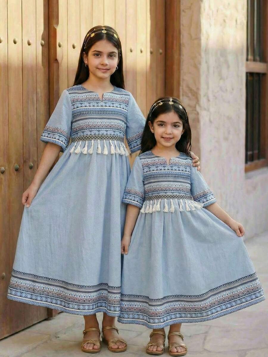 SHEIN Vestido casual de manga corta para niñas preadolescentes, adecuado para el Ramadán - Multicolor - Ver 1