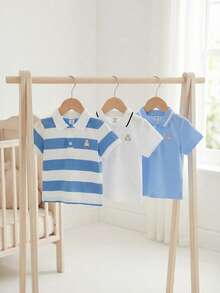 Souflis Souflis 3 قطعة/طقم قمصان بولو أكمام قصيرة بطراز فرنسي رجعي بلون أزرق فاتح، أبيض، أزرق سادة، أزرق مخطط، متعددة الاستخدامات للمدرسة واللعب والمناسبات المختلفة، ملابس علوية للأولاد الصغار - متعدد الألوان - مشاهدة 2