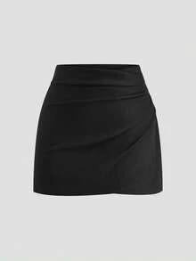 SHEIN CURVE+ Plus Size Women's Black Suede Faux Fur Short Pleated Skirt, Elegant & Slimming, Autumn/Winter - Black - View 1